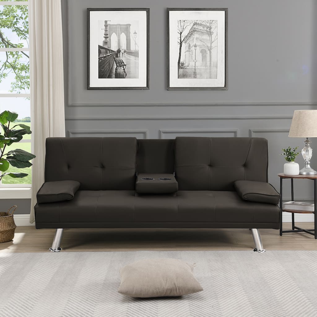 Dark Brown PVC Sofa Bed with Armrest, Wood Frame and Stainless Leg