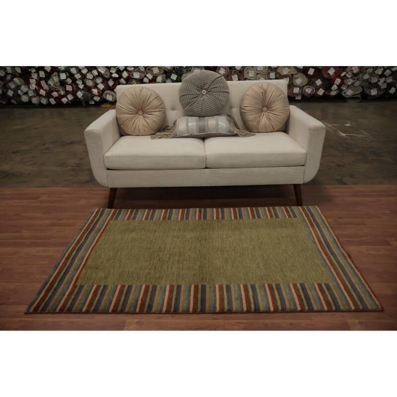 Hand Knotted Oriental 100% Wool Carpet Modern Geometric Green Gabbeh Area Rug - 5' 7'' X 3' 5''
