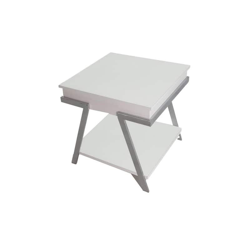 Casey 26 Inch End Table, Chrome Angled Metal Frame, Square Glossy White Top