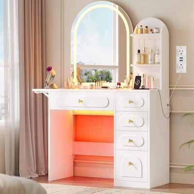 Vanity Desk with Large Mirror and LED Lights 5 Drawers Shelves Glass Top