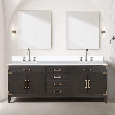 Laurel 60 in W x 22 in D Black Oak Double Bath Vanity, Cultured Marble Top, Faucet Set, and 28 in Mirrors