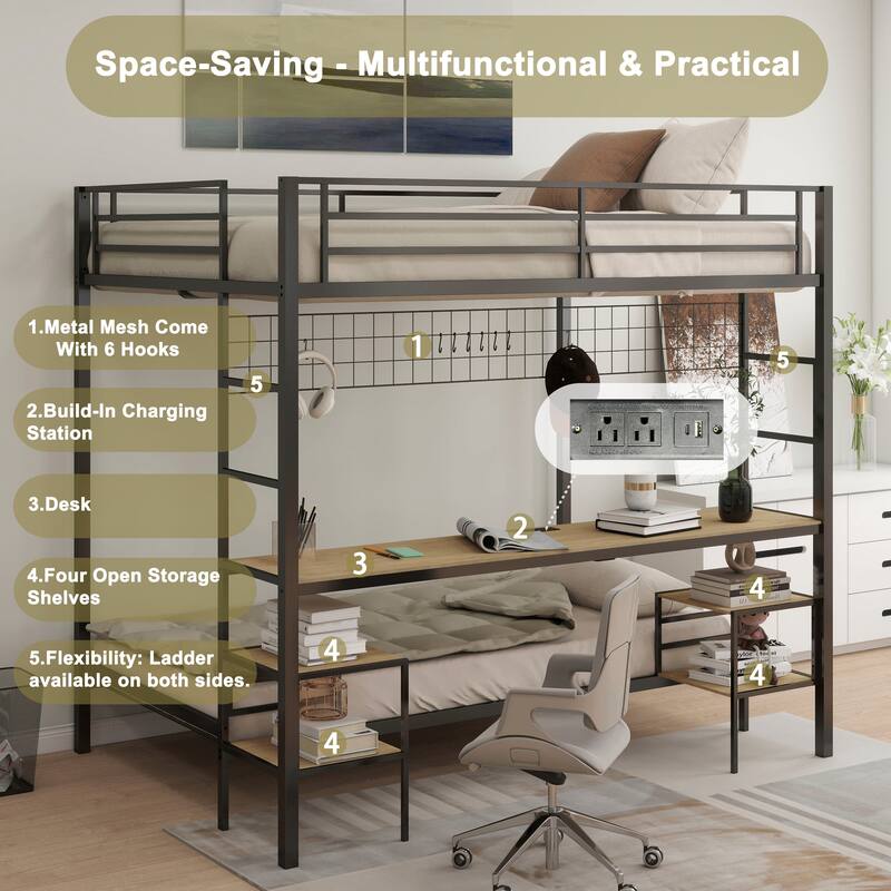 Full Over Twin Bunk Bed with Desk and Charging Station and Storage Shelves and Metal Wire Mesh Panel with Hooks,Guard & Stairs