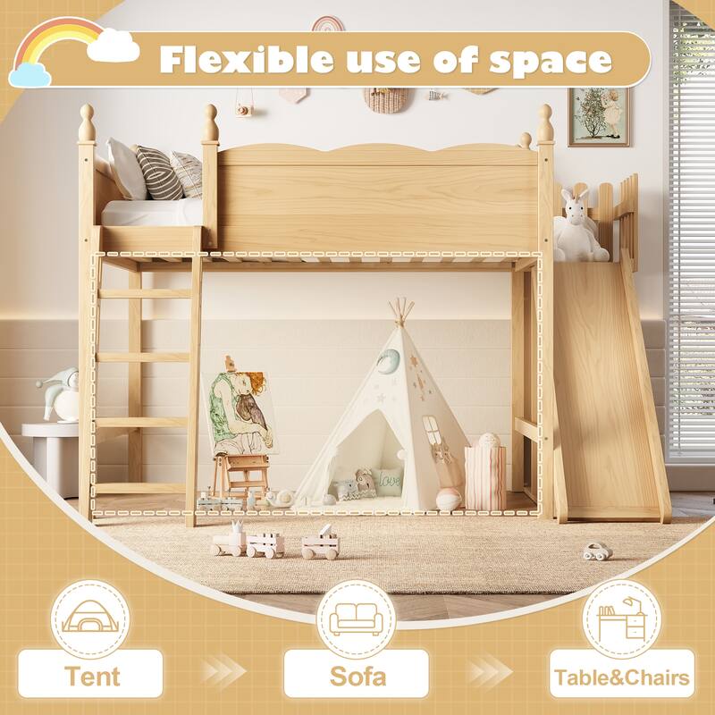 Modern High Loft Beds with Full Length Guardrails, Solid Wood Storage Loft Bed Frame with Detachable Slide and Ladders