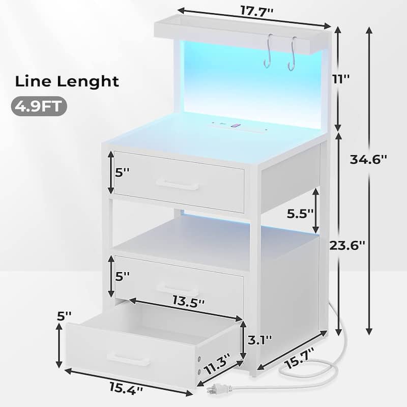 Nightstand Charging Station LED Lights End Table 3 Drawers