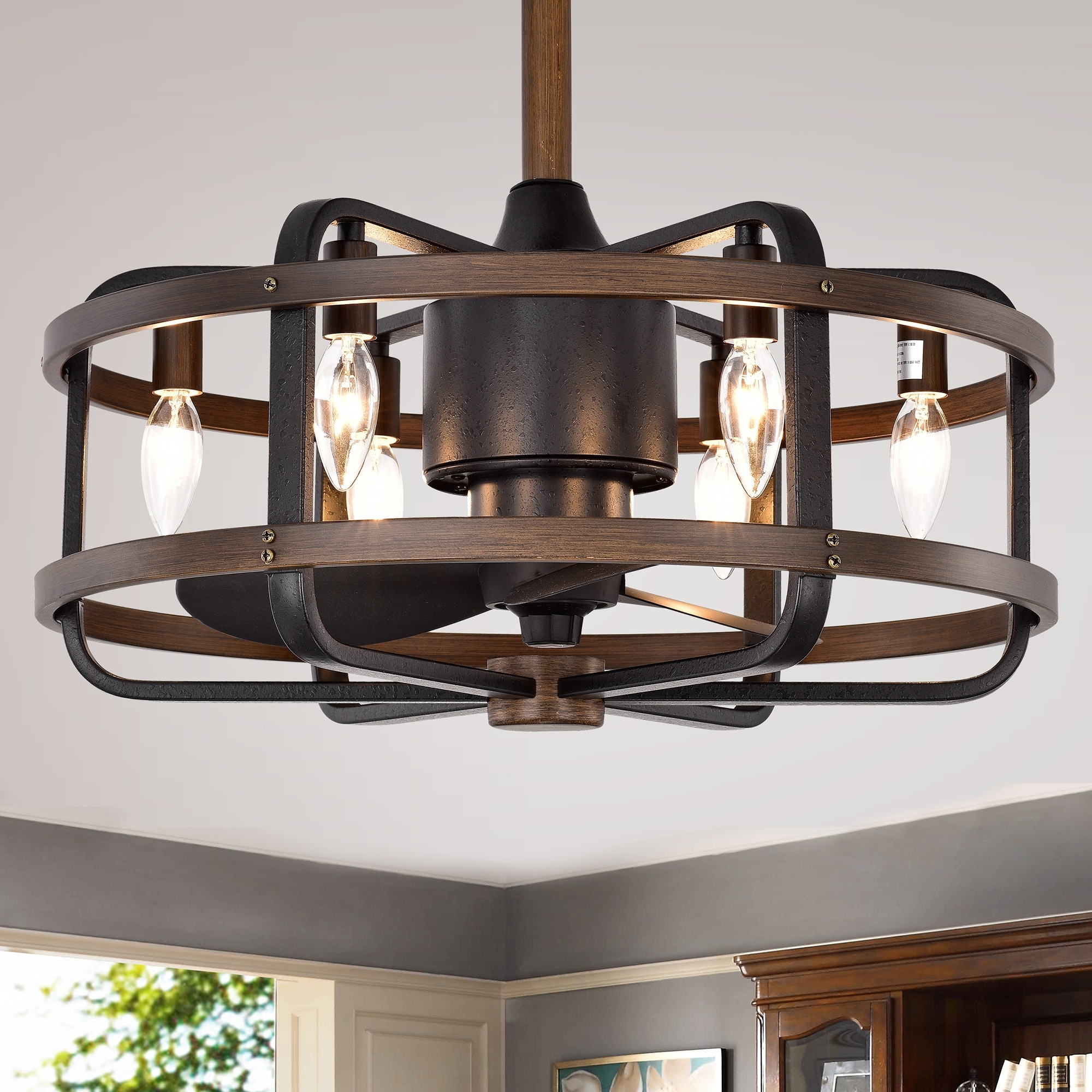 Warehouse of Tiffany 3-blade Ceiling Fan with Caged Metal and Wood Frame with Remote