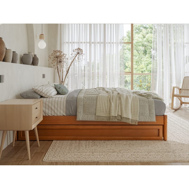 Full Panel Bed w/ Twin Trundle - Easy Glide, Strong Support - Light Toffee Finish