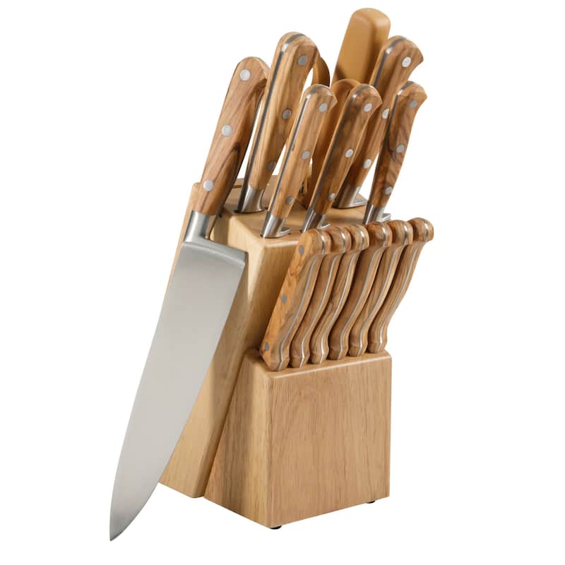 Martha Stewart 15 Piece Austenwood German Stainless Steel Cutlery Knife Block Set W/ Italian Olive Wood Forged Handle