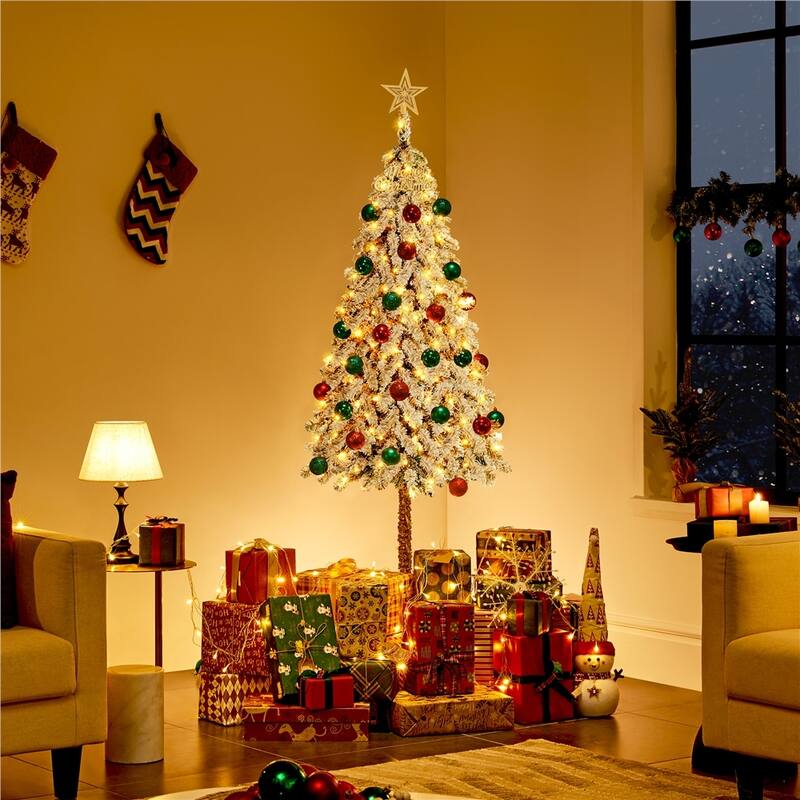 Yaheetech Snow Flocked Artificial Christmas Tree with Lights for Home Party, Green