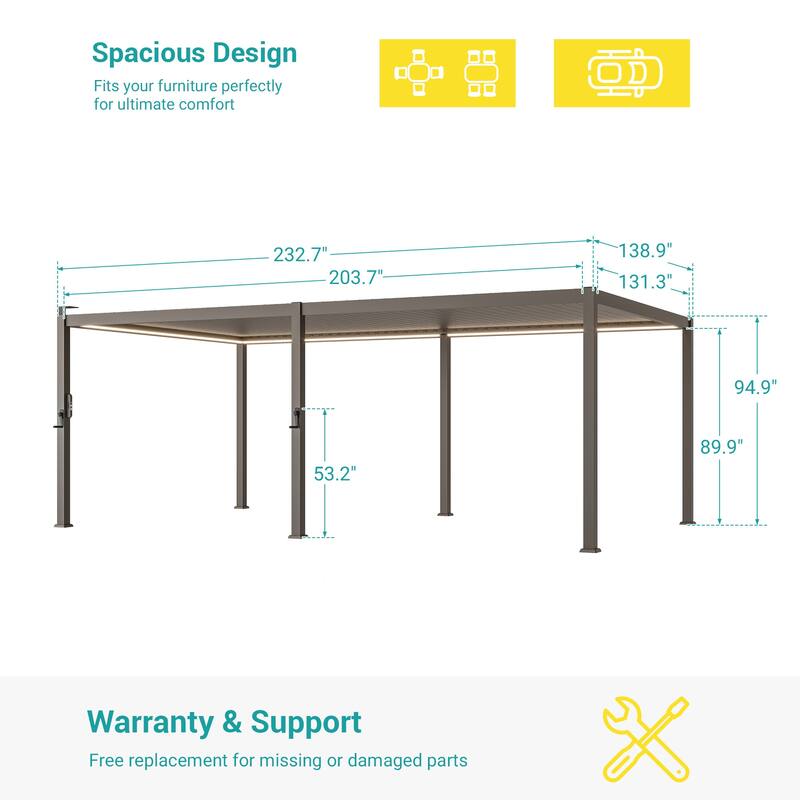 Outdoor Metal Solar LED Louvered Pergola with Adjustable Roof