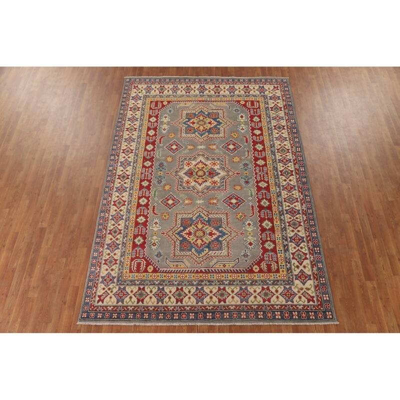 Geometric Kazak Area Rug Hand-Knotted Living Room Wool Carpet - 6'8" x 9'7"