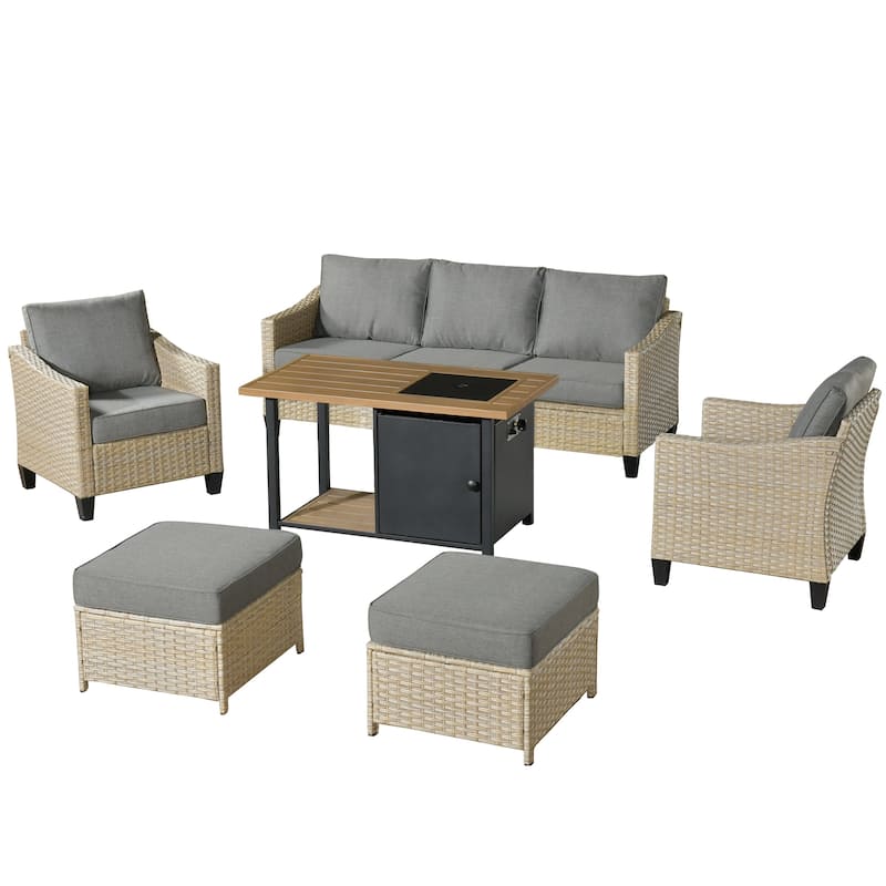 HOOOWOOO Outdoor 6-piece PE Wicker Conversation Patio Set with Fire Pit Table