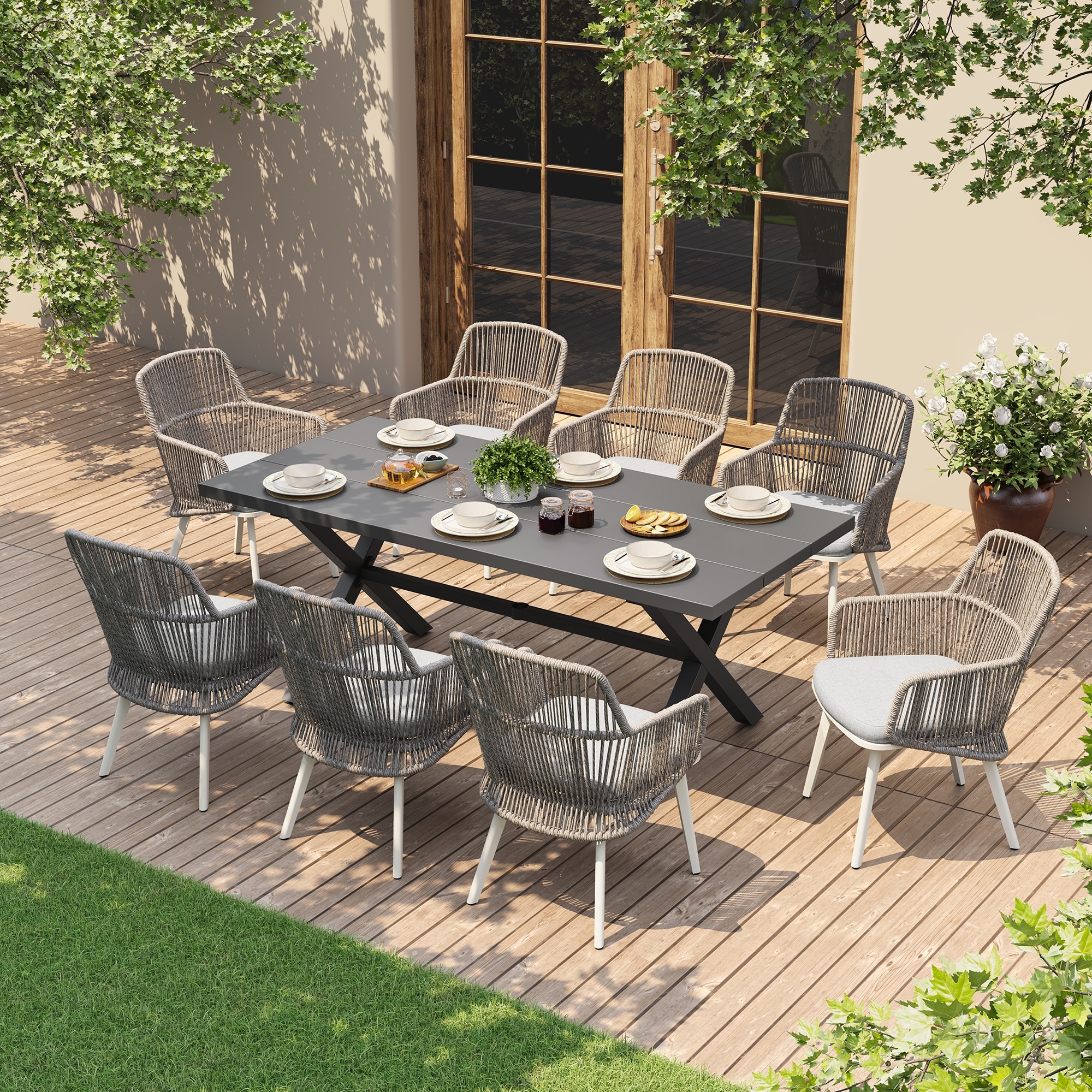Outdoor Patio Dining Sets with PE Wicker Chairs and X-leg Aluminum Dining Table for 8 Persons