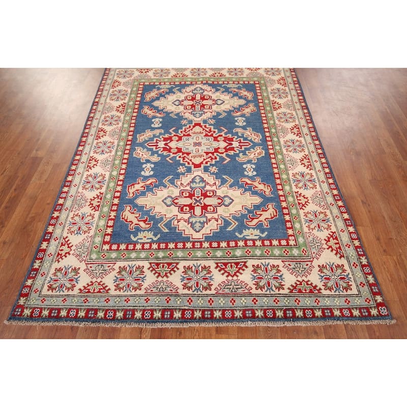 Blue Geometric Kazak Area Rug Hand-Knotted Geometric Wool Carpet - 5'0" x 6'8"