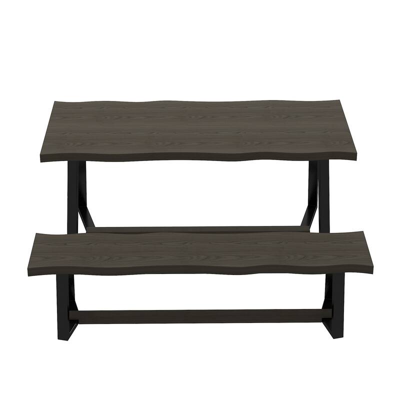 Rustic Elm Wood Dining Table Set with Black Bench – Modern Farmhouse Kitchen Table