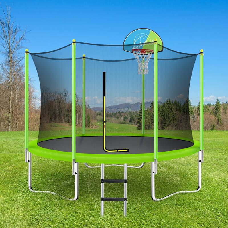 ASTM Approved Kids Trampoline - Basketball Hoop, Safety Enclosure, Fast Assembly - Green - 120