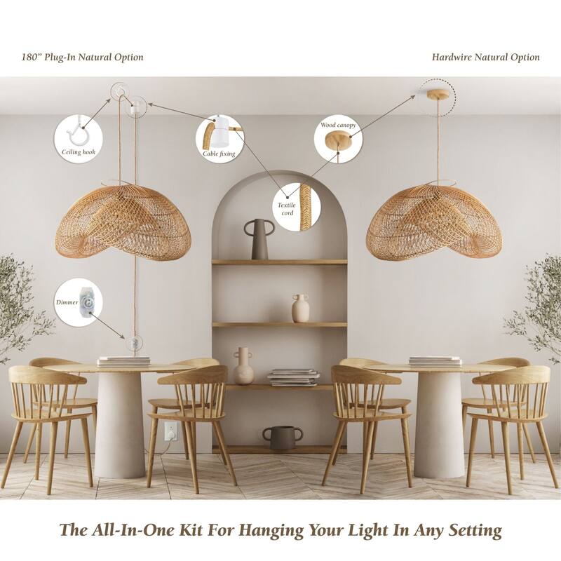 Sepherina Rattan Pendant Light Natural Large Sculptural Handwoven Light Fixture For Modern, Transitional, Farmhouse Room Décor.