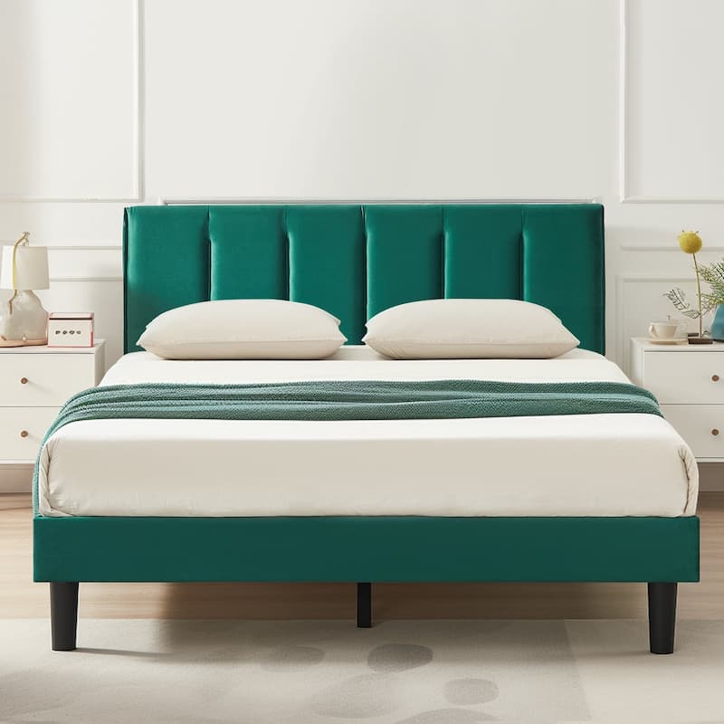 VECELO Tufted Upholstered Platform Bed Frame with Adjustable Height Headboard Twin/Full/Queen Size Beds - Green - Queen
