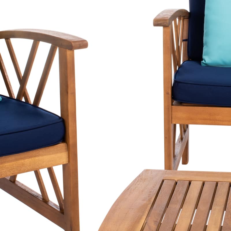 SAFAVIEH Outdoor Living Fontana Acacia/Navy Cushion 4-piece Patio Set