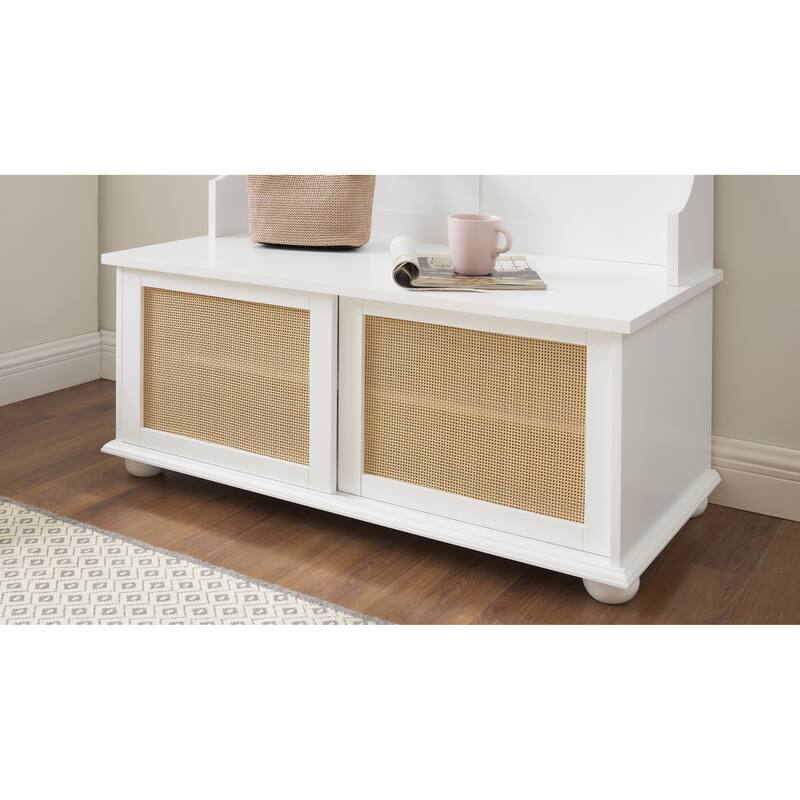 Modern Rattan Door Coat Rack Entryway Storage Bench with Shoe Storage Compartments and Open Shelves