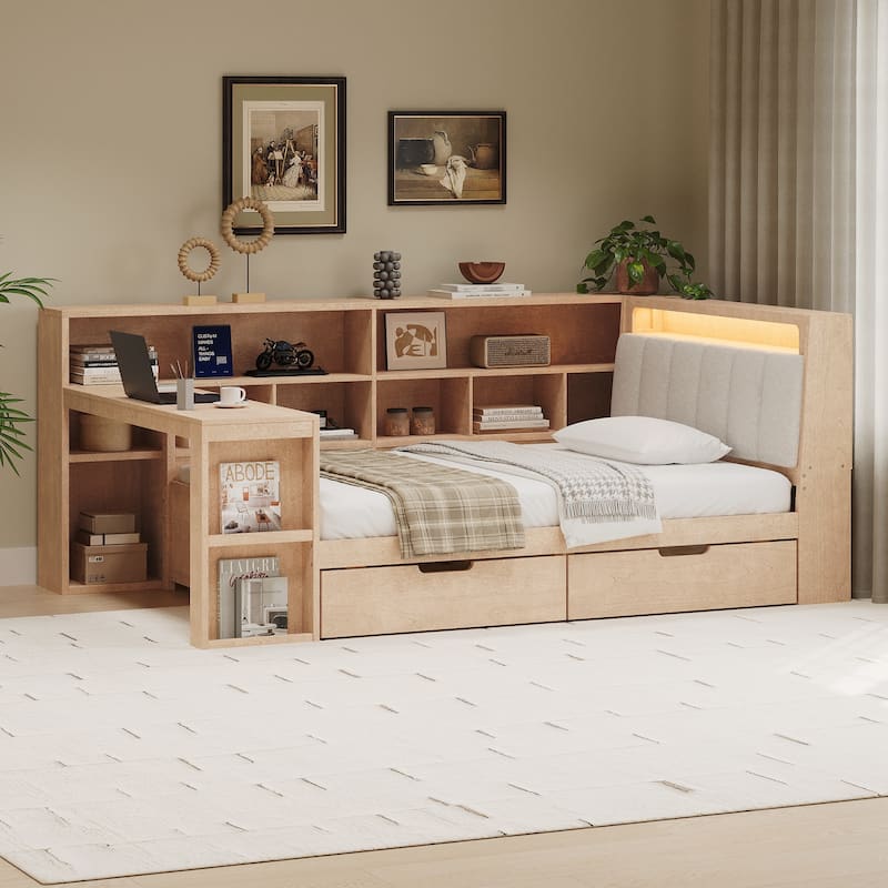 Twin Size Wooden Daybed with Desk and Storage Bookcase, Corner Bed with Headboard and Under-bed Drawers and LED Light - Natural