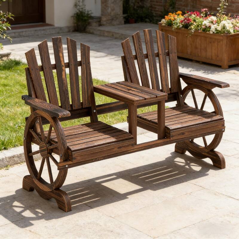 GDFStudio Outdoor Rhiannon Fir Wood Wagon Wheel Garden Bench with Center Table and Parasol Hole - Brown