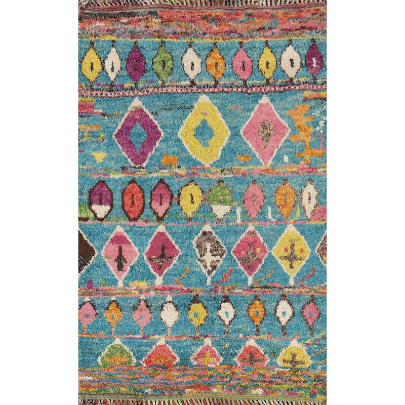 Hand Knotted Oriental 100% Wool Carpet Modern Tribal Navy Blue & Blues Moroccan Area Rug - 9' 8'' X 6' 2''