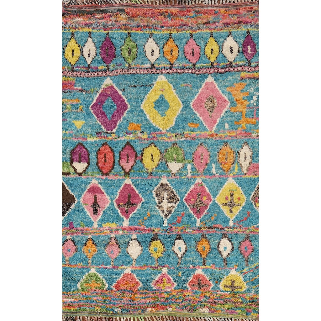 Hand Knotted Oriental 100% Wool Carpet Modern Tribal Navy Blue & Blues Moroccan Area Rug - 9' 8'' X 6' 2''