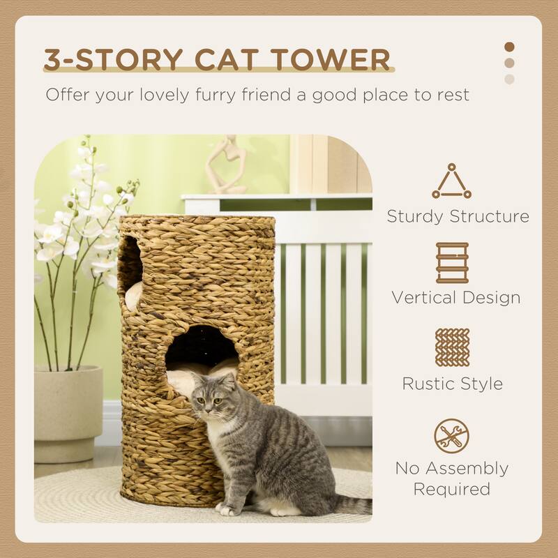 PawHut Elevated Cat Bed with Three Hideaways & Four Soft Plush Cushions, Cat Tower with Hand-Woven Materials