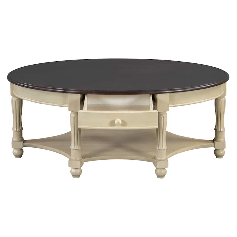 Oval Coffee Table with Drawer and Storage Shelf, 45"Antique Cocktail Table French Country Center Table for Living Room