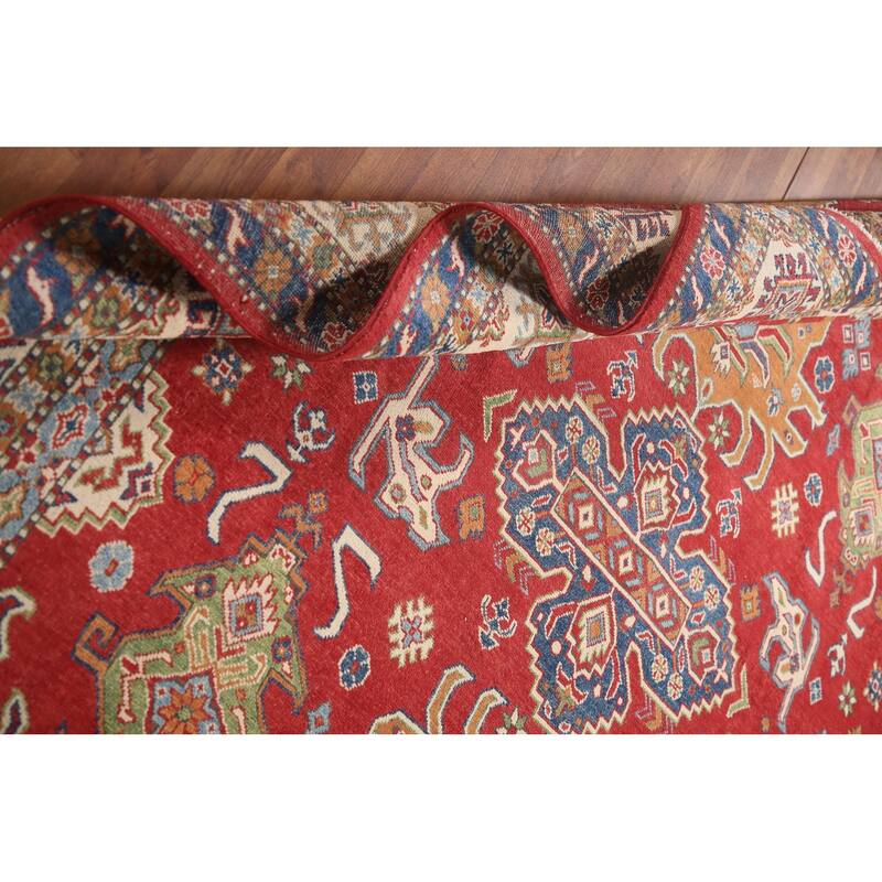 Geometric Kazak Oriental Area Rug Handmade Red Wool Carpet - 8'0" x 9'8"