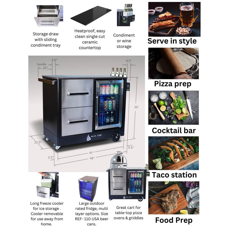 Mont Alpi MAPCL Outdoor Movable Food Prep and Pizza Oven Table BBQ Patio Grill Bar Kitchen Cart Stand with Refrigerator + Cooler