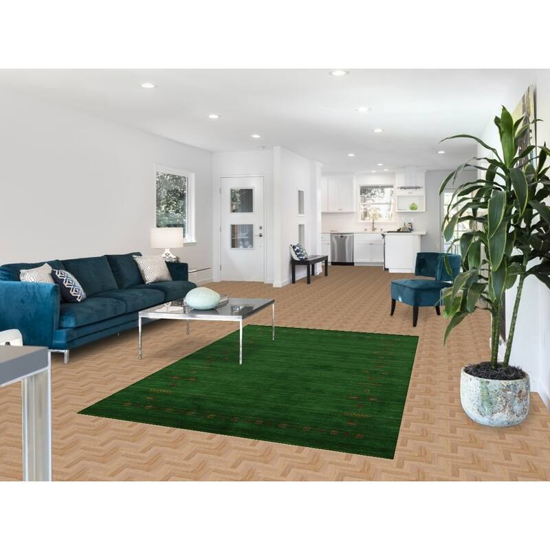 Green Gabbeh Indian Rug Handmade Wool Carpet - 5'1" x 7'8"