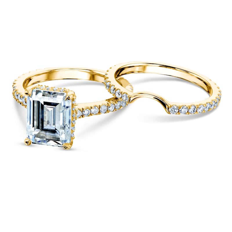 Annello by Kobelli 14k Gold 3 1/6ct TDW 9x7mm Emerald Moissanite and Diamond Drop Halo Bridal Rings Set