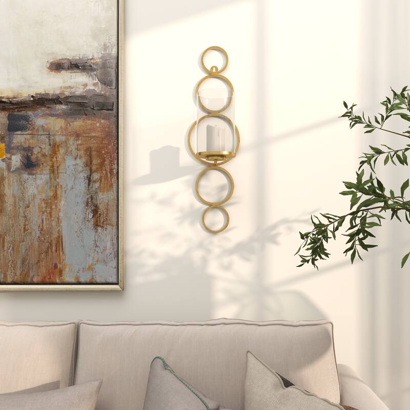 CosmoLiving by Cosmopolitan Metal Stacked Circle Geometric Wall Sconce with Glass Holder - Gold, Black, Silver