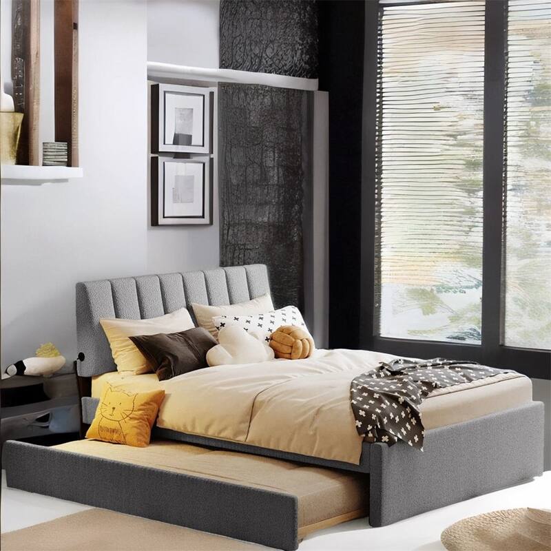 Full Size Upholstered Platform Bed with Trundle and LED Bed Frame - Gray