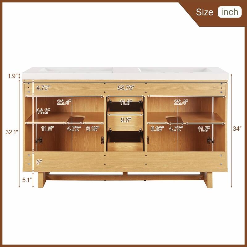 59.3" Modern Bathroom Vanity with Resin Sink, 4 Doors & 3 Drawers, Handle-Free Design, Soft-Close Hinges & Hidden Slides