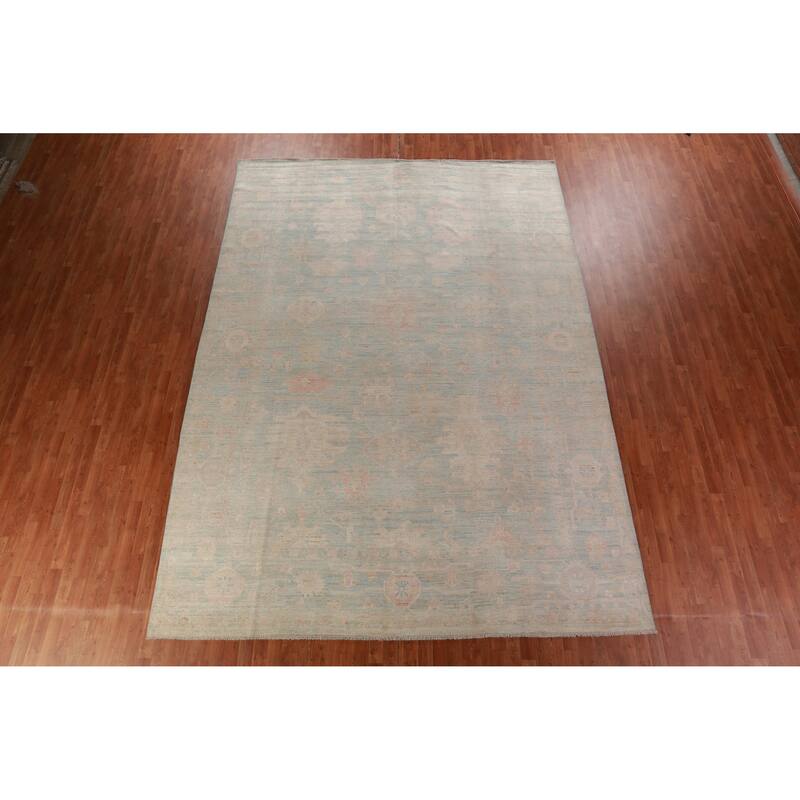 Hand Knotted Oriental 100% Wool Carpet Transitional All-Over Navy Blue & Blues Oushak Area Rug - 13' 7'' X 9' 10''