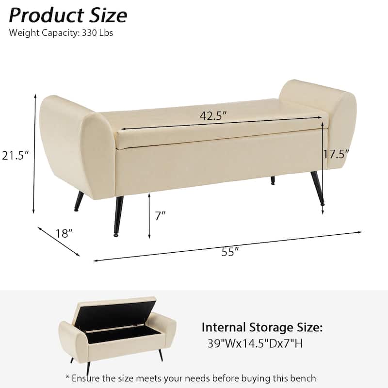 Upholstered 55"W Flip Top Storage Bench Bedroom Bench Modern End of Bed Bench for Entryway Hallway Window with Gold Legs