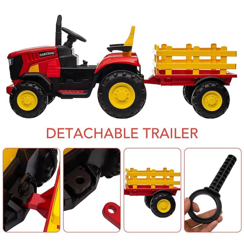 Electric Kids Ride On Tractor with Trailer, 12V Battery Powered Vehicle Toy