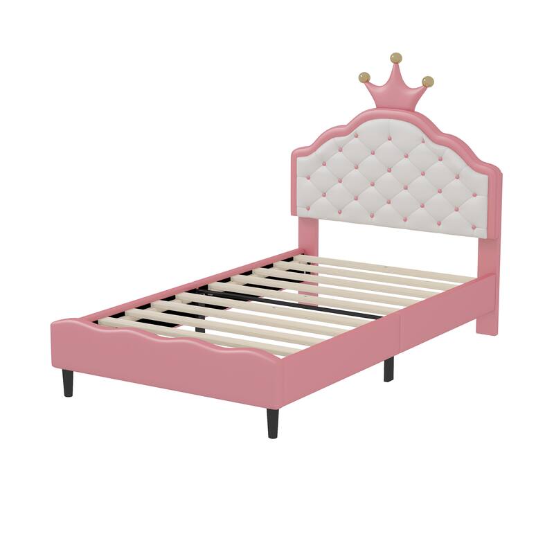 Twin Size Crown Fantasy PU Leather Princess Bed with Tufted Headboard, Pink and Cream