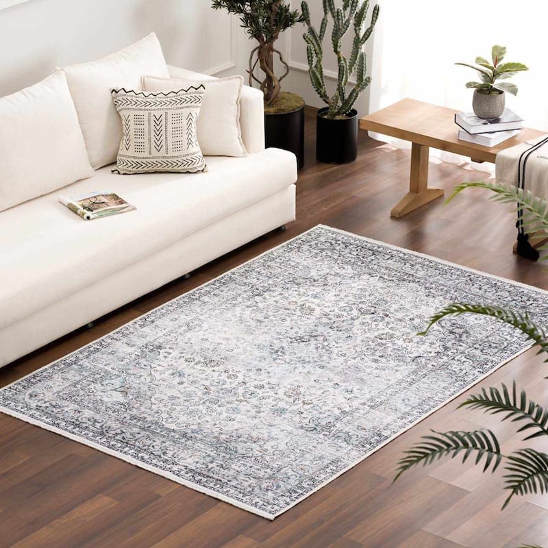 Hauteloom Ariana Living Room, Bedroom Machine Washable Area Rug - Pearl, Dark Brown, Brown - 5' x 7'6" - 6'7" x 9' - Light Blue, Off White, Charcoal / Boyana