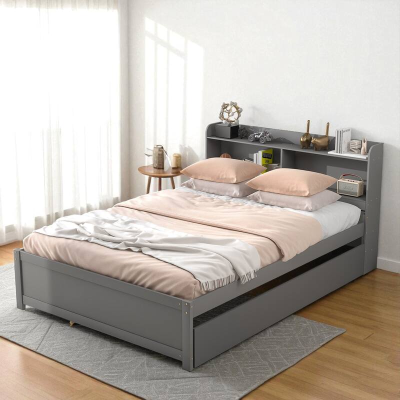 Twin/Full Bed Frame with Pull-Out Trundle and Bookcase Headboard, No Box Spring Needed