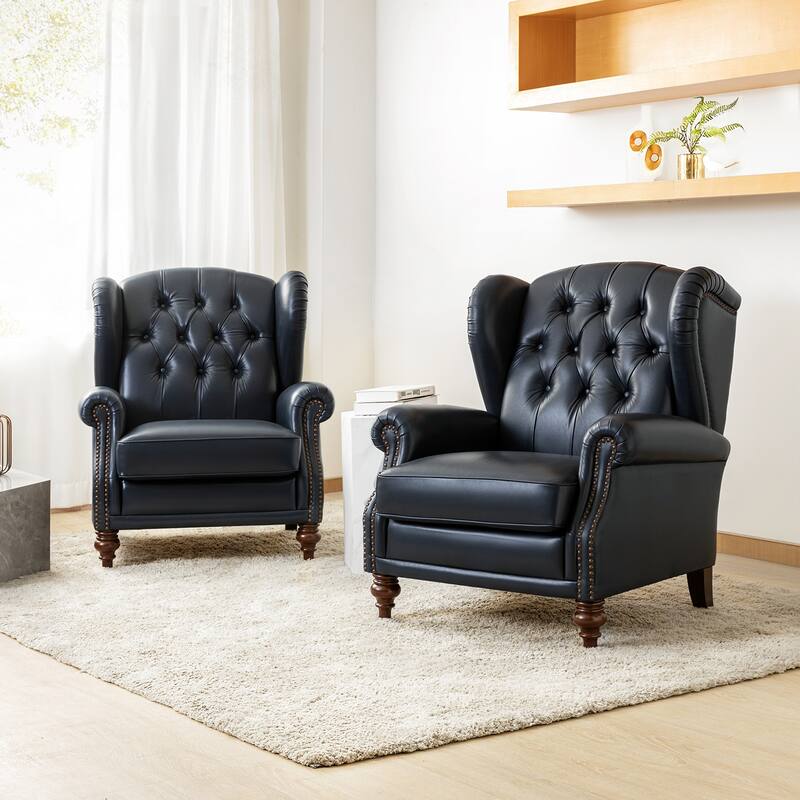 Alex Classic Wingback Leather Armchair with Nailhead Trim Set of 2 by HULALA HOME - NAVY