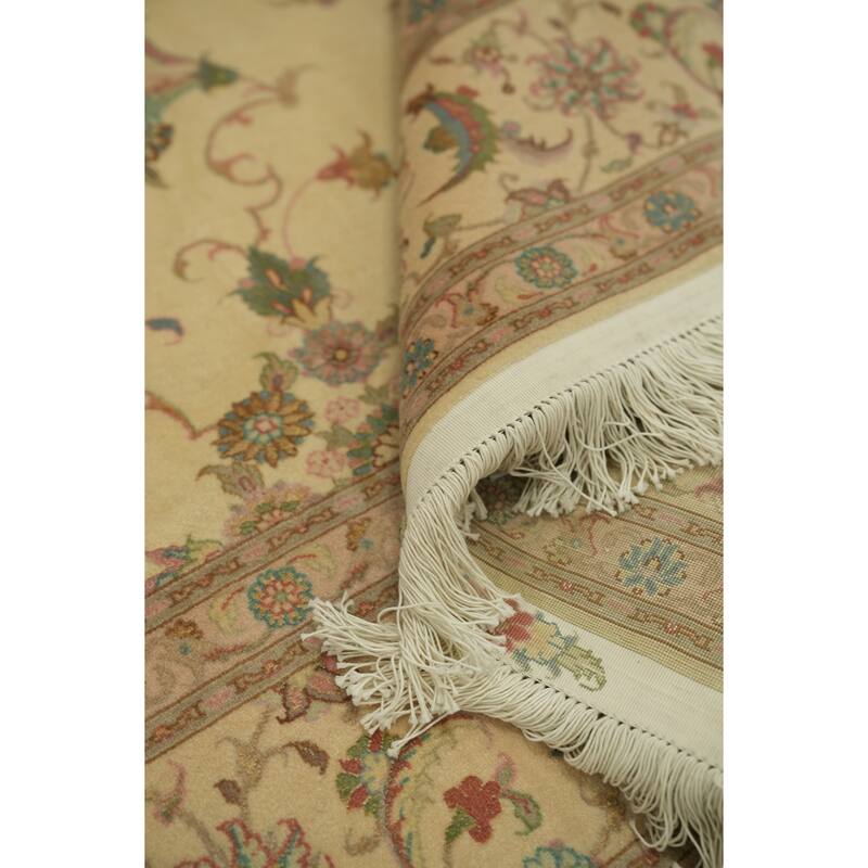 Hand Knotted Oriental Wool & Silk Carpet Traditional All-Over Beige & Ivories Tabriz Area Rug - 9' 9'' X 6' 8''