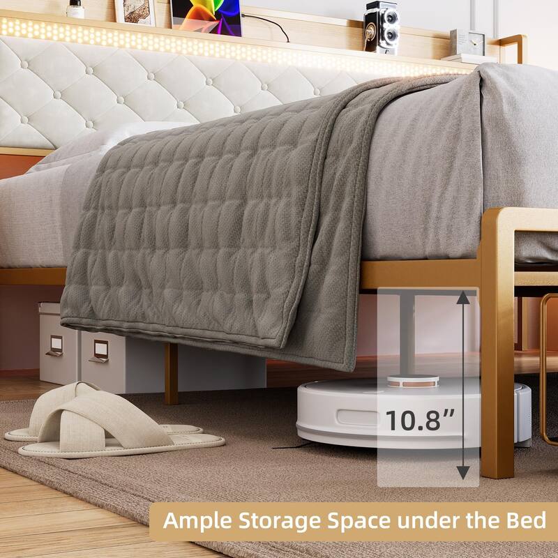Led Bed Frame with Headboard and 2 Storage Drawers, Upholstered Platform Bed with Charging Station