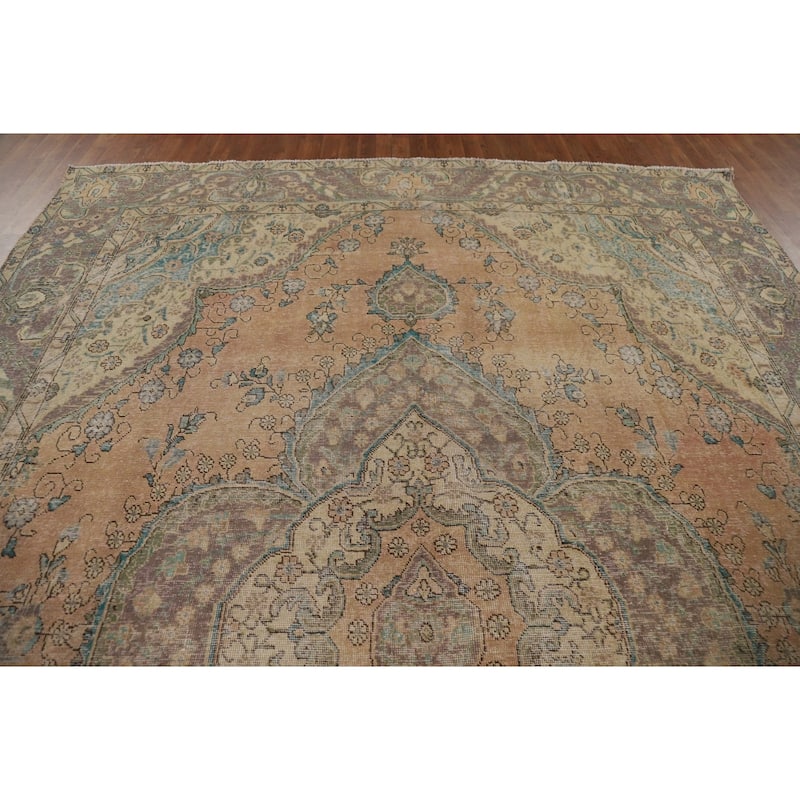 Distressed Tabriz Persian Antique Area Rug Hand-Knotted Wool Carpet - 9'6" x 12'8"
