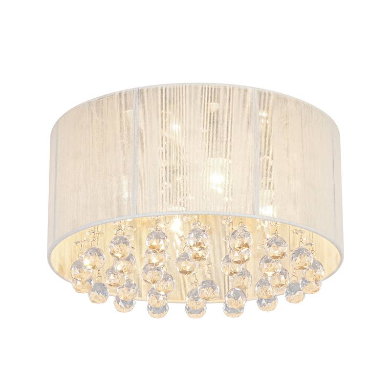 4-Light Modern Luxury Textured Fabric & Crystal Flush Mount with Crystal Droplets for Living Room - 15.7 in. W x 8.7 in. H