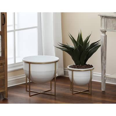 White Metal Cachepot Planters with Gold Metal Stands (Set of 2)