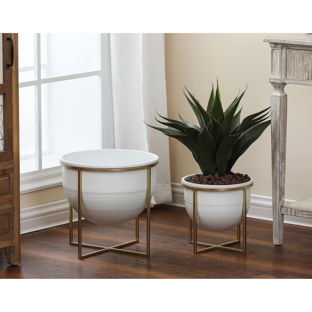 White Metal Cachepot Planters with Gold Metal Stands (Set of 2)