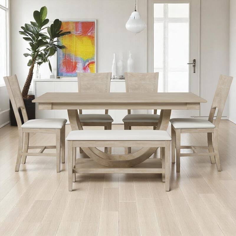 6-Piece Modern Dining Table Set with Bench and 4 Upholstered Chairs, Solid Wood Half-Round Base Kitchen Dining Room Furniture